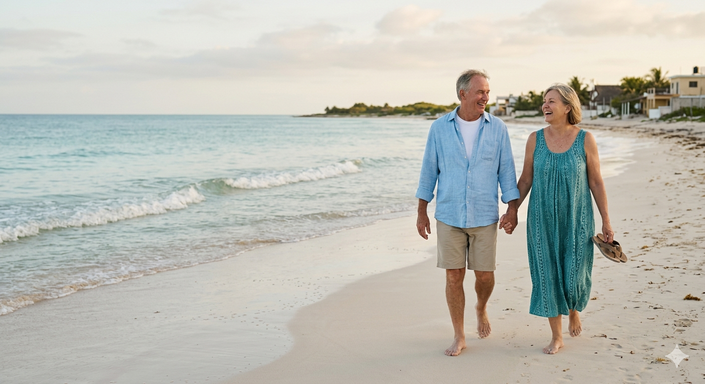 Older retired couple walking on a Yucatán beach