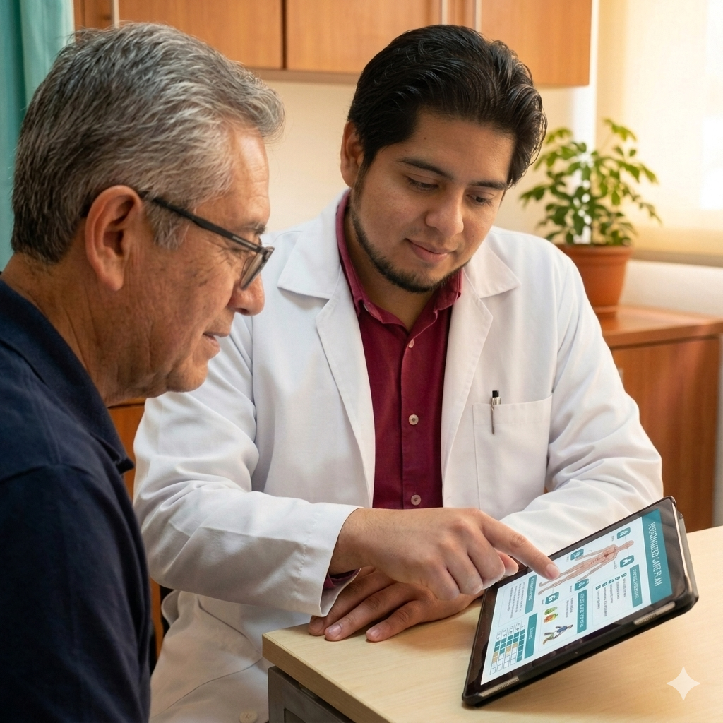 Doctor’s hands and patient’s hands reviewing a clean “care plan” on a tablet, with the patient visible softly in the background.