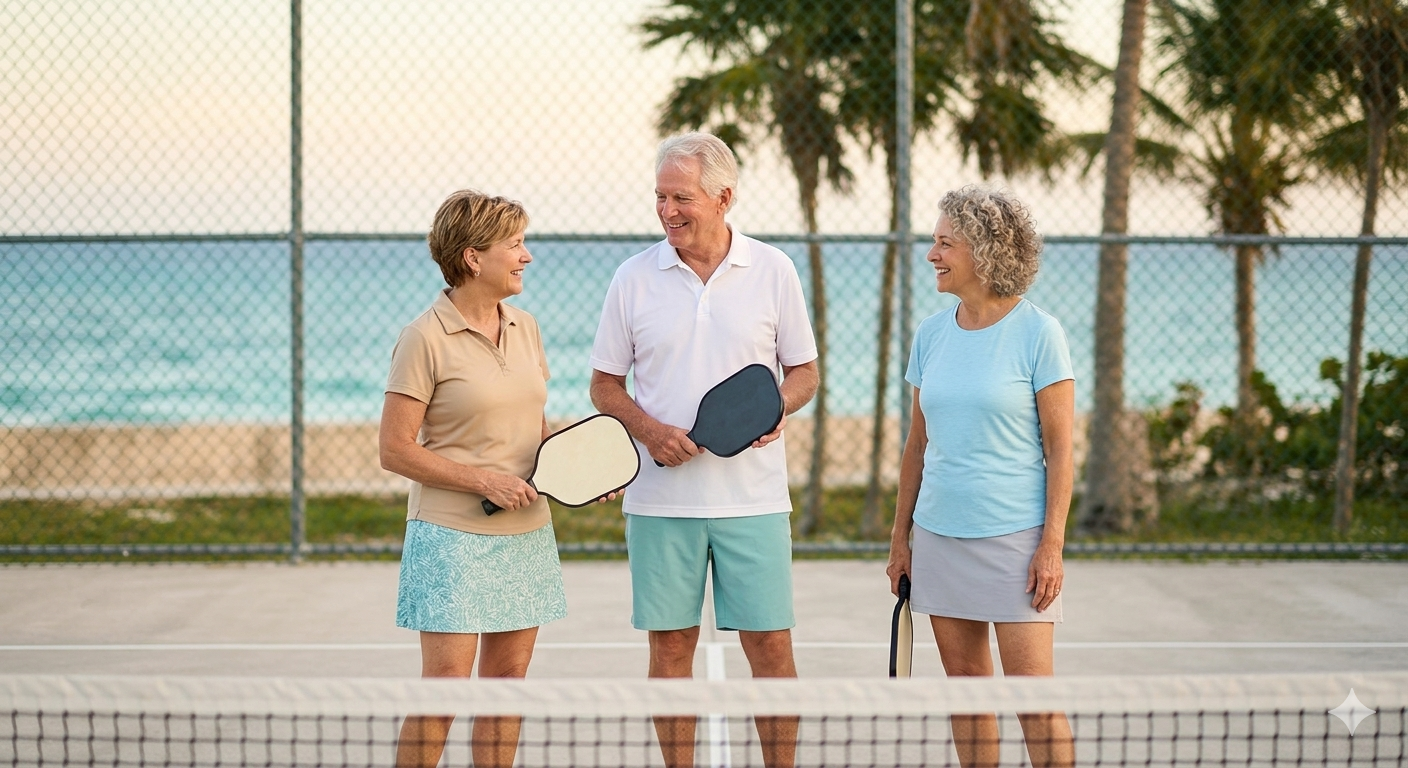 Show mature North American expats and retirees, ages 60–75, enjoying a relaxed recreational pickleball moment near the Yucatán coast
