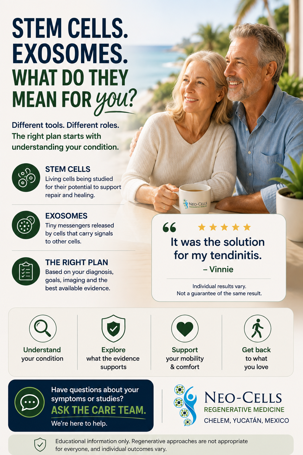 Educational graphic comparing stem cells and exosomes in regenerative medicine, with an older couple representing active aging and a call to ask the Neo-Cells care team about personalized options.